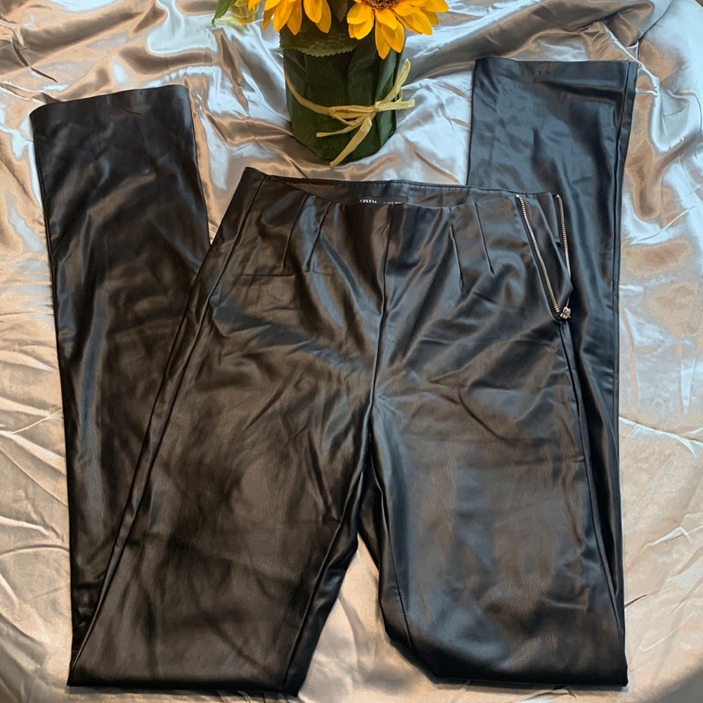 Faux Leather Black Women's Pants - Sleek Zip Detail